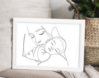 Modern Nativity Art- Line Drawing Mary and Baby Jesus