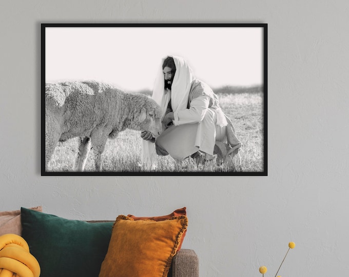 Christ Feeding His Sheep- Modern Christian Print, Black White Photo