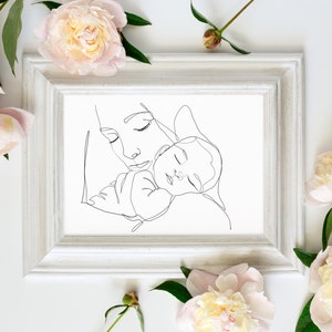 Modern Line Drawing Mother holding baby - Minimalist Art