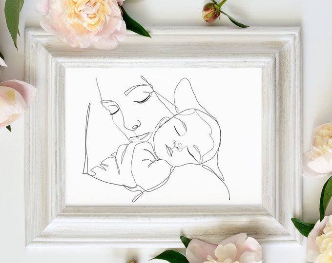 Modern Line Drawing Mother holding baby - Minimalist Art