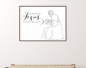 Baby Jesus and Joseph Nativity Art- Line Drawing Print