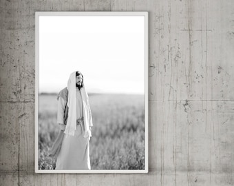 Jesus Christ in Field- Modern Christian Vertical Print, Black White Photo