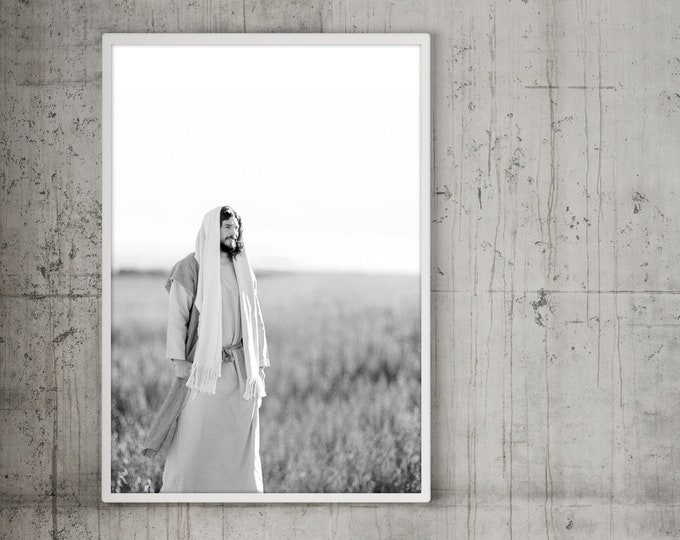 Jesus Christ in Field- Modern Christian Vertical Print, Black White Photo