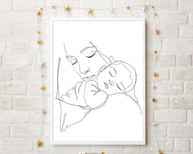 Nativity Art Digital Download- Printable Line Drawing of Mary and Baby Jesus