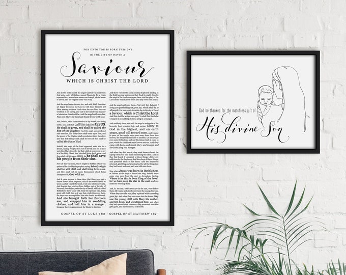 Nativity Line Drawing Christmas Print- Mary & Christ child- Horizontal Nativity Art