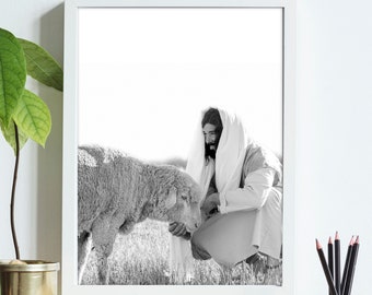 Christ Feeding His Sheep- Modern Christian Print, Black White Photo