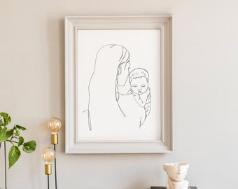 Mary and Baby Jesus Line Drawing Print- Nativity Art