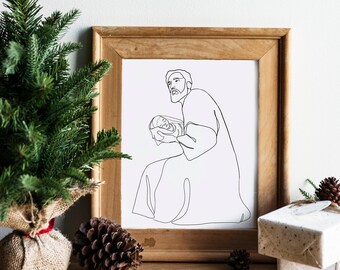 Modern Nativity Art Printable Download- Line Drawing Joseph and Baby Jesus