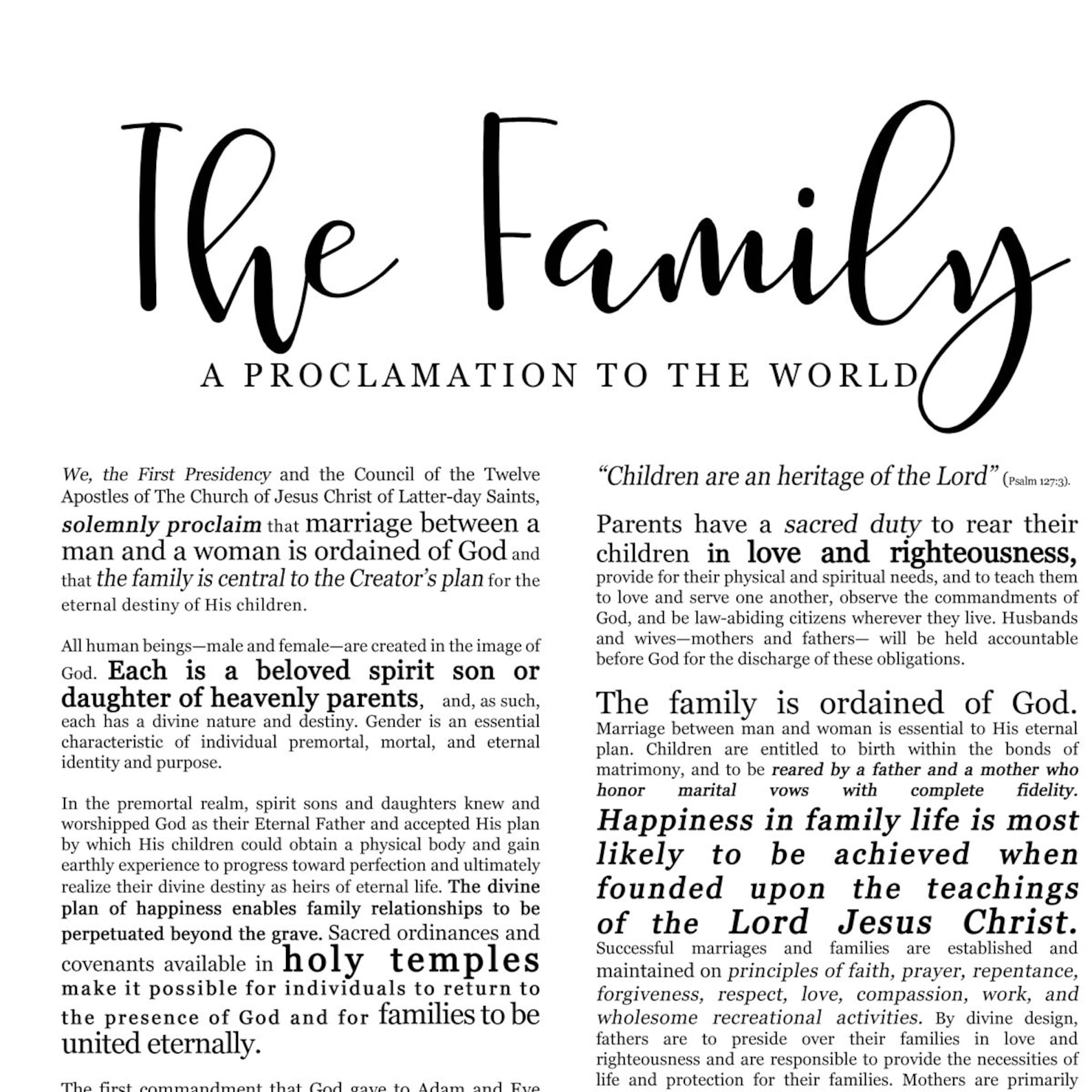 Family Proclamation Print on Premium Paper Modern | Etsy