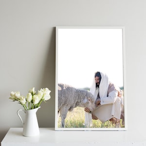 Jesus Christ Feeding His Sheep- Modern Christian Vertical Print, Color