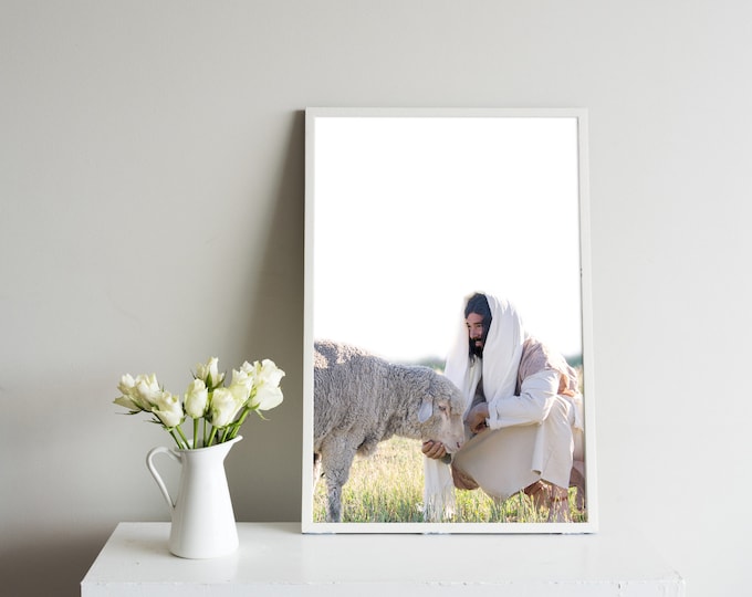 Jesus Christ Feeding His Sheep- Modern Christian Vertical Print, Color