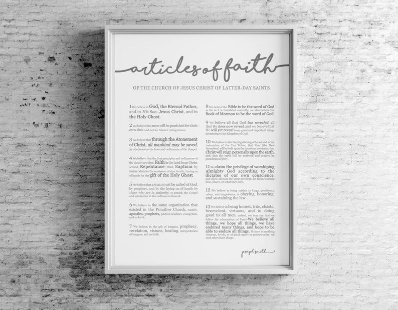 Articles of Faith Print on Premium Paper Cursive Title LDS Gray