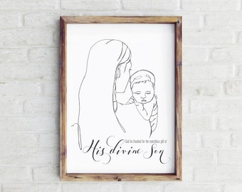 Nativity Line Drawing Christmas Print- Mary & Christ child