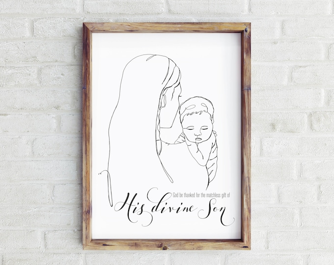 Nativity Line Drawing Christmas Print- Mary & Christ child