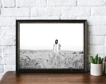 Jesus Christ in Wheat Field- Modern Christian Print, Black White Photo