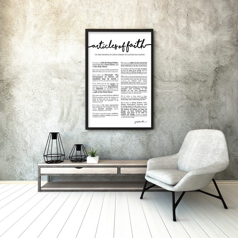 Articles of Faith Print on Premium Paper Cursive Title LDS Black