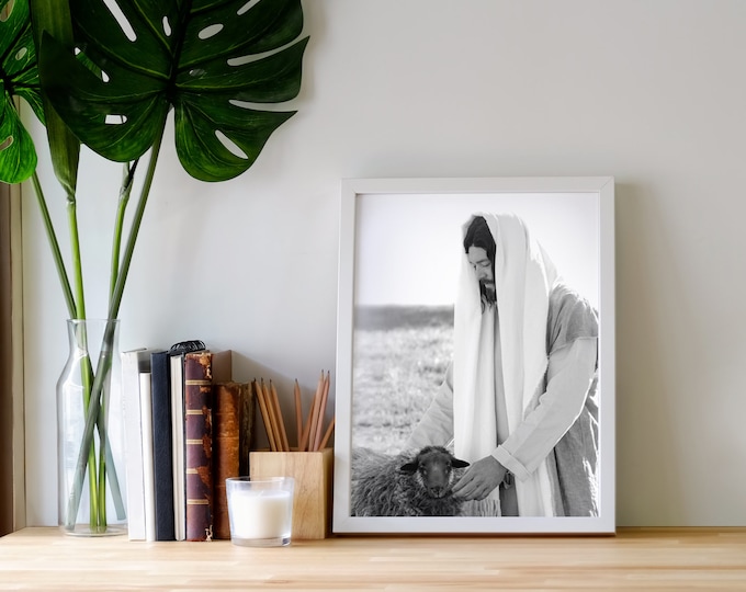 Jesus Comforting Black Sheep- Gorgeous Modern Print, Black & White