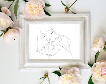 Nativity Art Digital Download- Printable Line Drawing of Mary and Baby Jesus