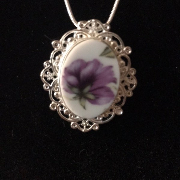 Broken China Necklace - Large Pansies Oval