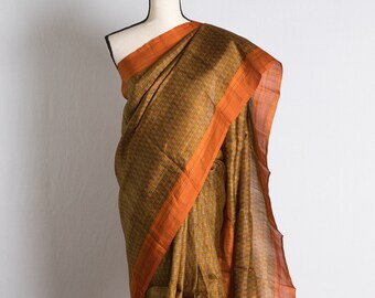 Ajrakh Printed Murshidabad Silk Saree in Heena Green and Orange