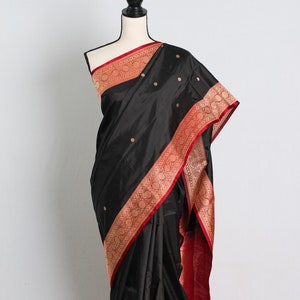 Silk Mark Certified Black Banarasi Silk Saree with Red and Gold, Black Saree, Pattu Saree Shipped from USA, Katan Silk Wedding Saree