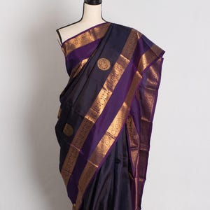 Handwoven Kanjivaram Silk Saree: Dark Bluish Purple Indian Bridal Wear