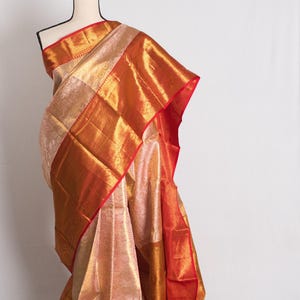Handwoven Brocade Kanjivaram Silk Bridal Saree: Blush Peach & Red