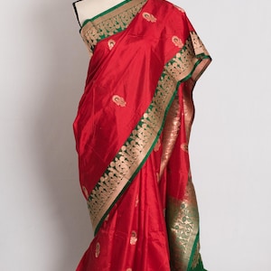 Red and Green Bridal Banarasi Saree Ships from USA, Silk Mark Certified