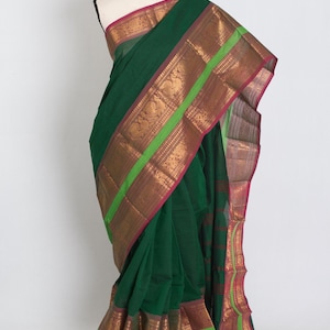 Bottle Green Kanchi Cotton Saree - Handwoven South Indian Elegance, Shipped from USA