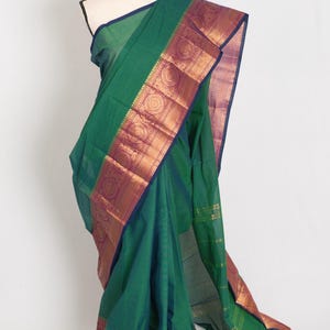 Peacock Green Kanchi Cotton Saree - Handwoven South Indian Elegance, Ships from USA