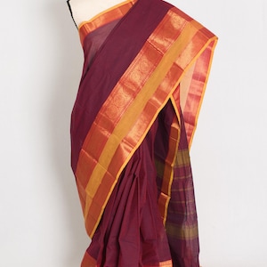 Maroon and Yellow Kanchi Cotton Saree, Handwoven Traditional Weave Ships from USA