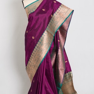 Silk Mark Certified Banarasi Saree in Eggplant Purple and Green, Ships from USA