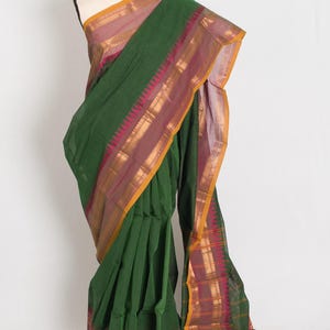 Handwoven Kanchi Cotton Saree in Green and Matte Purple Ships from USA