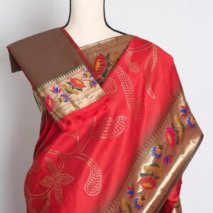 Lotus Motif Blended Paithani Saree in Dark Red and Gold.