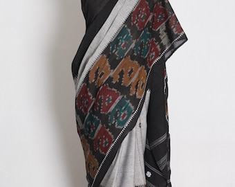 Grey and Black Dhaniakhali Bengal Handloom Pure Soft Cotton Saree, Ships from USA