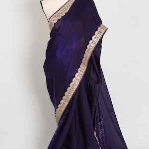 Designer Glass Tissue Purple Partywear Saree with Patched Golden Border, Ships from USA