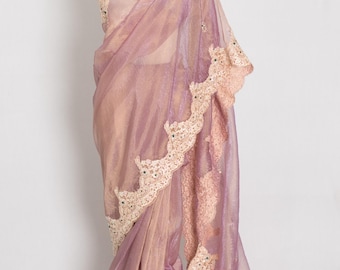 Lavender Soft Tissue Scalloped Embroidery Saree | Pastel Partywear | Ships from USA