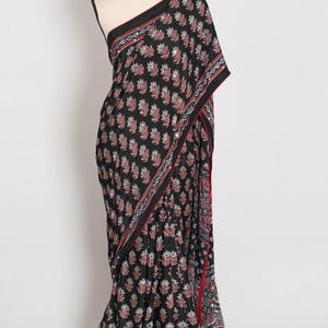 Black Ajrakh Silk Saree | Soft Semi Modal, Real Mirror Work, Crimson Floral Bootis