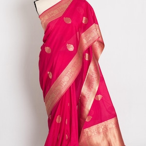 Pink and Gold Semi Crepe Silk Banarasi Saree Ships from USA, Budget Saree