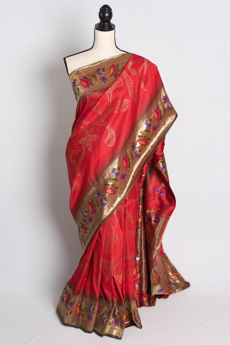 Lotus Motif Blended Paithani Saree in Dark Red and Gold.