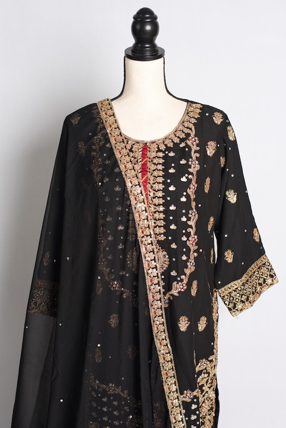 Black Embroidered Chiffon Pakistani Salwar Kameez Suit, Size 42