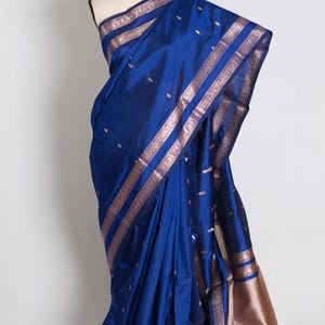 Royal Dark Blue and Antique Gold Pure Banarasi Silk Saree, Shipped from USA