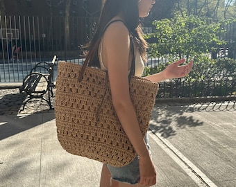 Alça de couro de bolsa de palha, malha de crochê, sacola, bolsa de praia grande, bolsa de uso diário, estilo retrô, presente para a mãe, presente de dia das mães