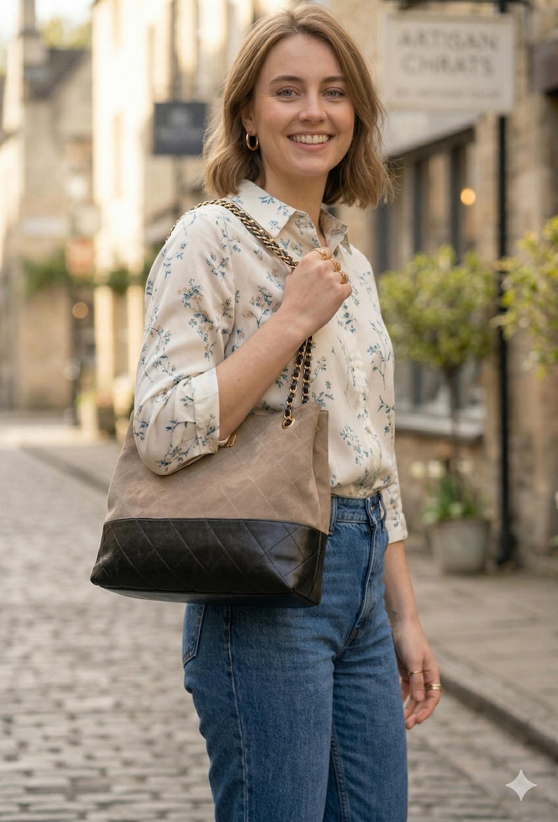 Pode incluir: Uma bolsa tote de couro acolchoada bege e preta com uma al&ccedil;a de corrente dourada. A bolsa &eacute; carregada por uma pessoa que usa uma blusa com estampa floral e jeans azuis. O fundo &eacute; uma rua de paralelep&iacute;pedos.