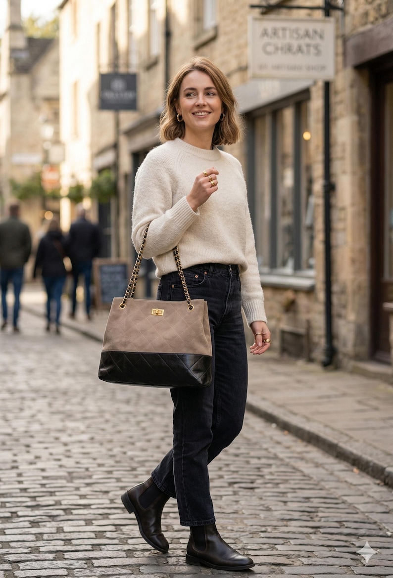 Pode incluir: Uma mulher com um su&eacute;ter creme e jeans pretos, carregando uma bolsa de duas cores com uma al&ccedil;a de corrente dourada. A bolsa tem uma se&ccedil;&atilde;o superior bege e uma se&ccedil;&atilde;o inferior preta. Ela est&aacute; andando em uma rua de paralelep&iacute;pedos.