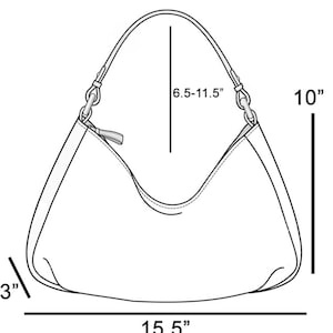 Pode incluir: Desenho linear de uma bolsa com medidas. A bolsa tem 39,37 cm de largura, 25,4 cm de altura e 7,62 cm de profundidade. A al&ccedil;a tem uma altura ajust&aacute;vel de 16,51 cm a 29,21 cm.