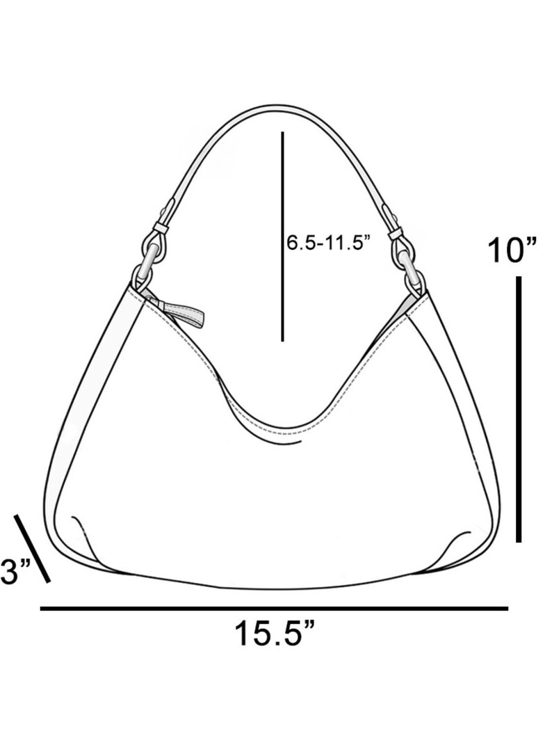 Pode incluir: Desenho linear de uma bolsa com medidas. A bolsa tem 39,37 cm de largura, 25,4 cm de altura e 7,62 cm de profundidade. A al&ccedil;a tem uma altura ajust&aacute;vel de 16,51 cm a 29,21 cm.