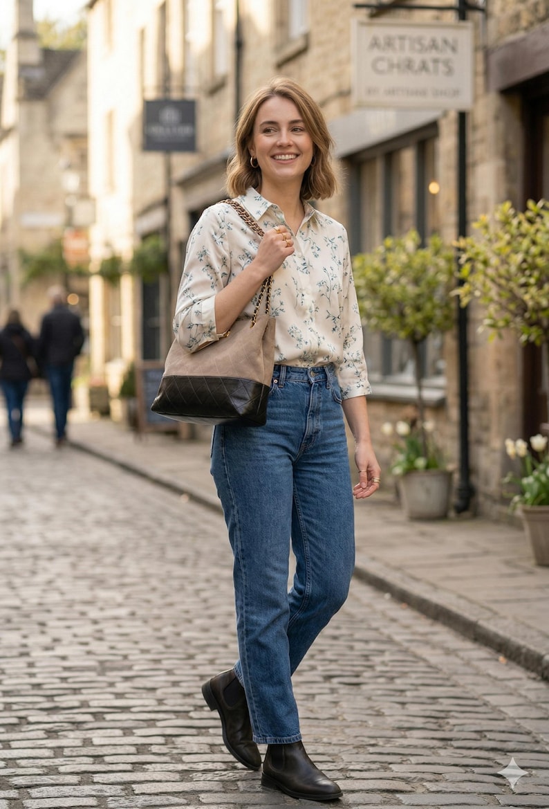 Pode incluir: Uma pessoa caminha por uma rua de paralelep&iacute;pedos, usando uma blusa com estampa floral, jeans azuis e botas pretas. Ela carrega uma bolsa tote bege e preta com uma al&ccedil;a de corrente. A placa ao fundo diz "ARTISAN CHRATS".