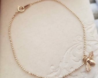 58.5/% of gold good luck charm bracelets handmade Au585 real gold Bracelet 14K gold solid beaded bee charm bracelet