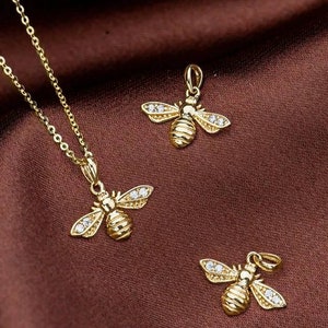 Genuine 14K gold solid bee pendant necklace, stamped Au585, 14K gold jewelry set,Real 14K gold solid dainty fine chain